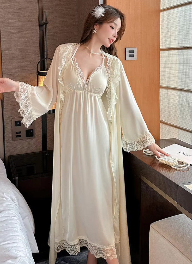 Casual Satin Home Dressing Gown Lounge Wear Lace 2PCS Robe Set Nightgown - Image 8