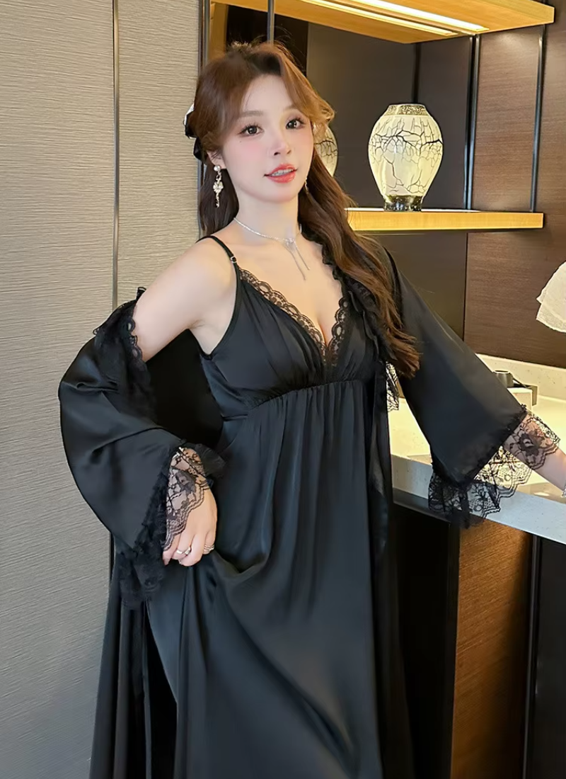 Casual Satin Home Dressing Gown Lounge Wear Lace 2PCS Robe Set Nightgown