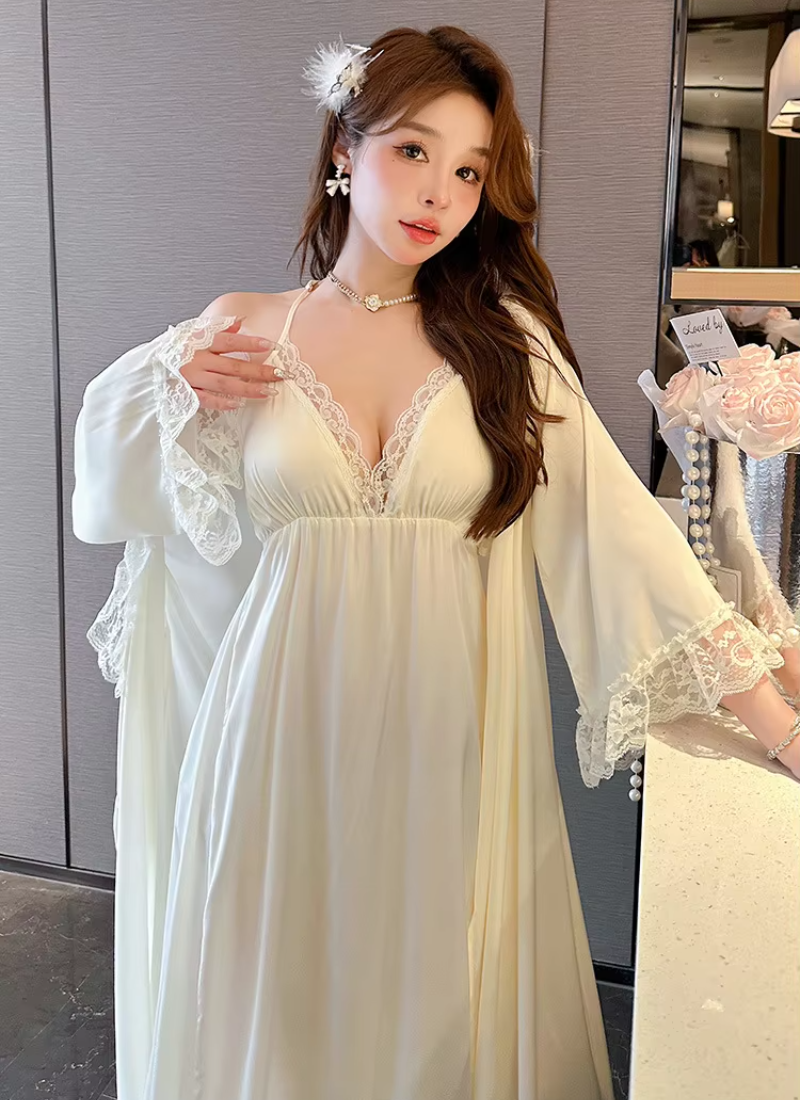 Casual Satin Home Dressing Gown Lounge Wear Lace 2PCS Robe Set Nightgown - Image 9