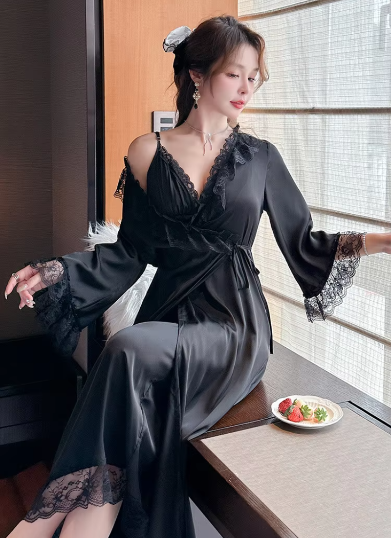 Casual Satin Home Dressing Gown Lounge Wear Lace 2PCS Robe Set Nightgown - Image 3