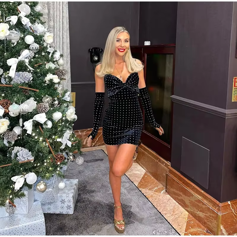 Casual Sequined V-neck Sleeve Backless Wrap Hip Zipper Short Dresses