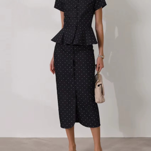 Casual Short Sleeve Shirt With High Waist Midi Slim Print Skirts Set Two Piece