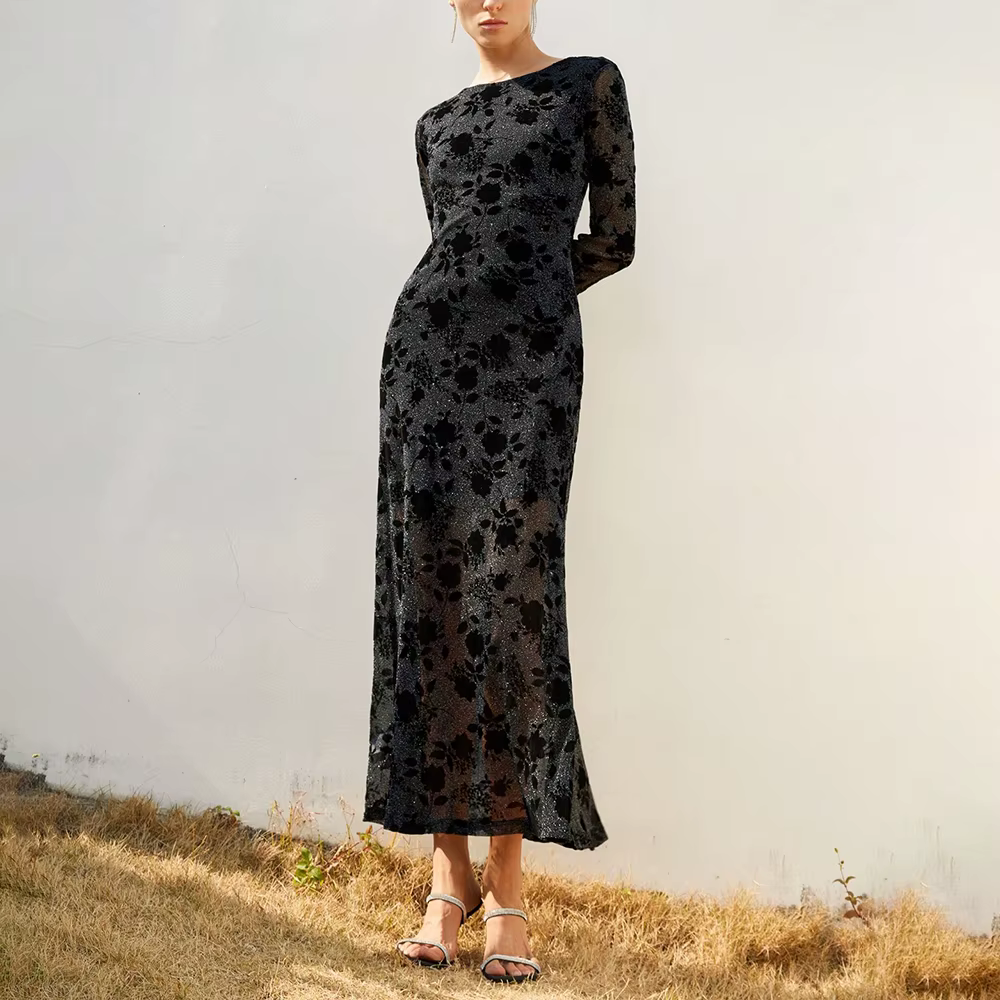 Casual Solid Round Neck Long Sleeves Patchwork Applique Midi Dresses