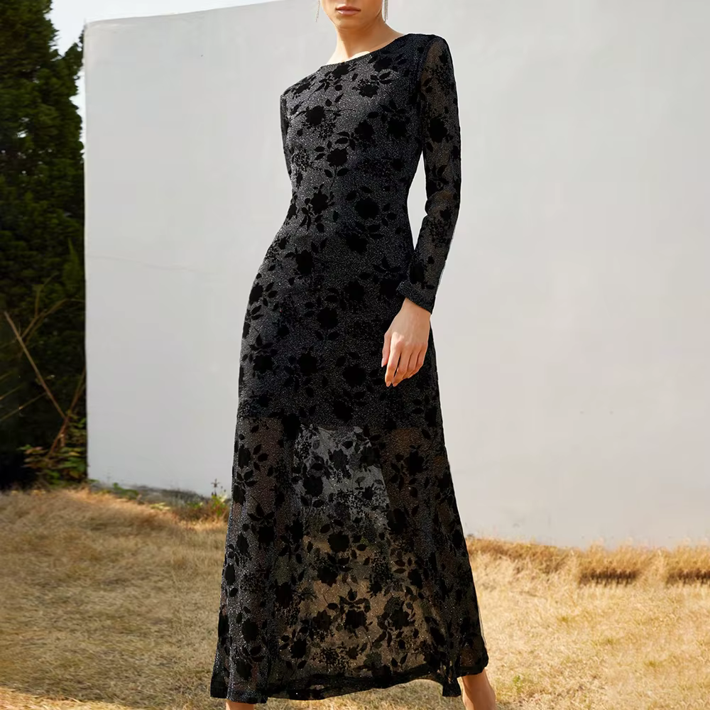 Casual Solid Round Neck Long Sleeves Patchwork Applique Midi Dresses - Image 6