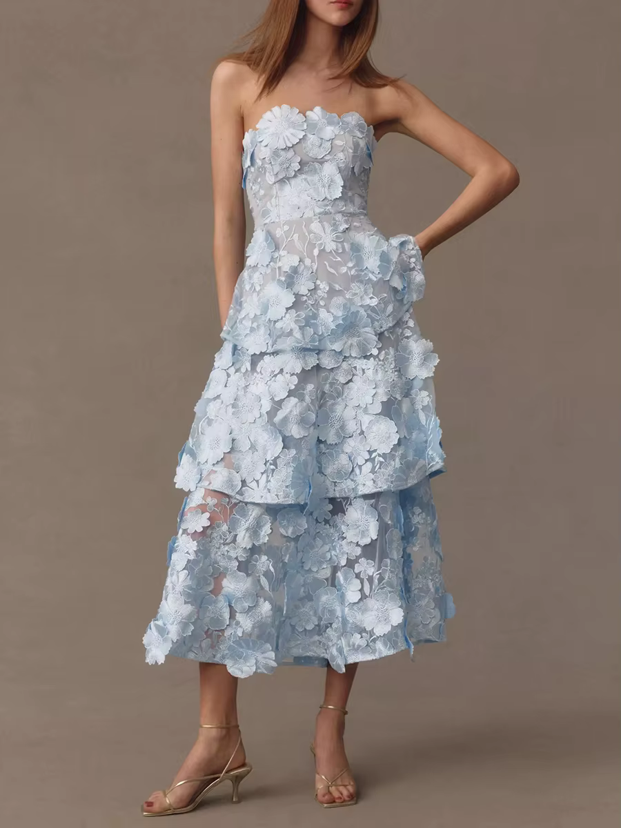 Casual Solid Strapless Sleeveless Patchwork Applique Ruffles Midi Dresses