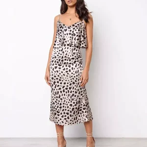 Casual Spaghetti Straps Layered Printed Sleeveless Midi Dress
