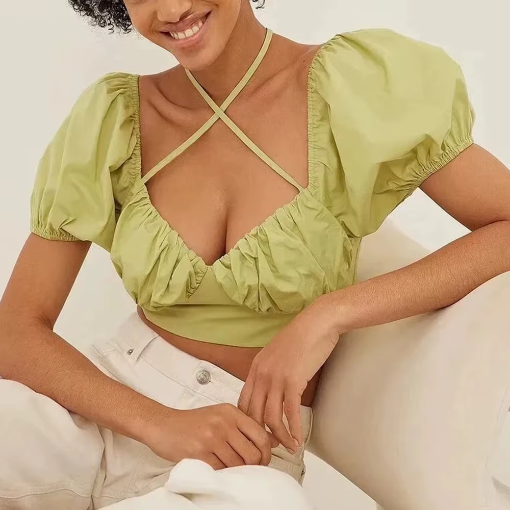 Casual Square Neck Short Sleeve Temperament Solid Spliced Lape Up T Shirts