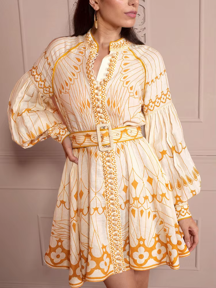 Casual Stand Collar Lantern Sleeve High Waist Patchwork Belt Printing Vintage Mini Dress - Image 6