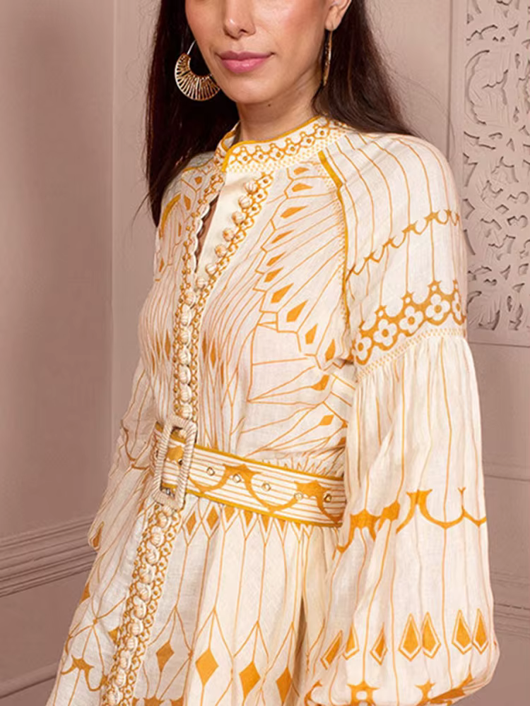 Casual Stand Collar Lantern Sleeve High Waist Patchwork Belt Printing Vintage Mini Dress - Image 4