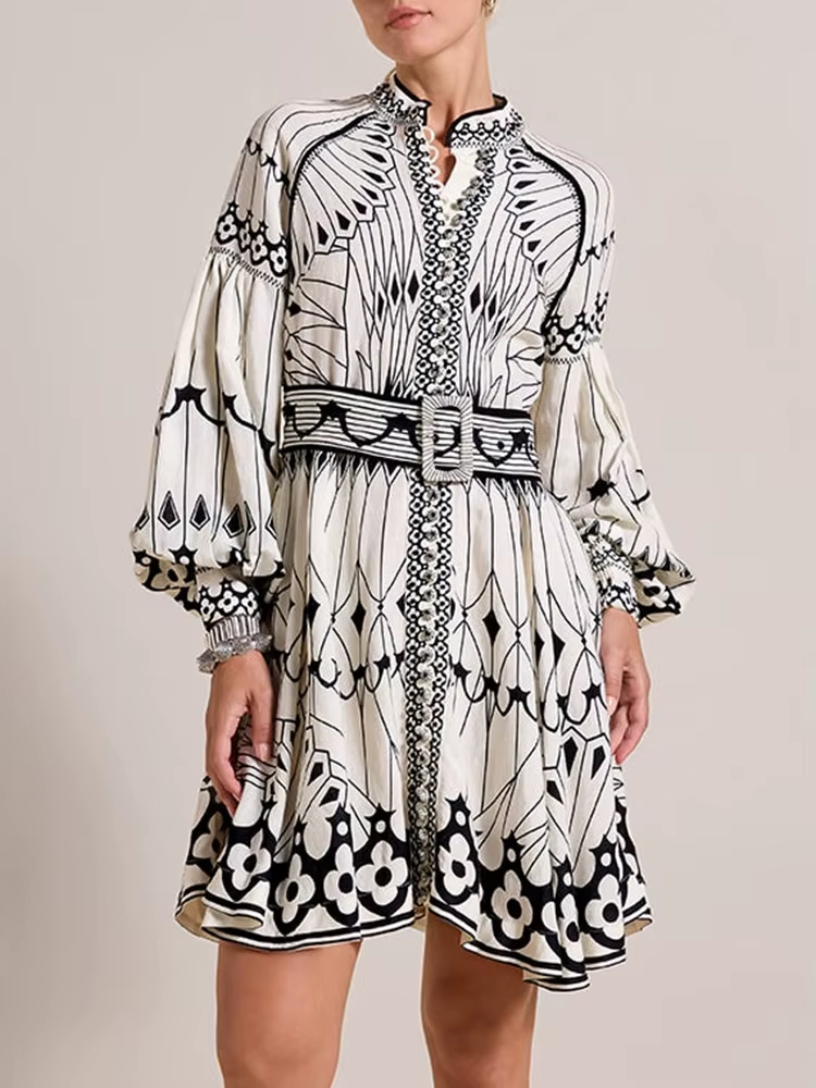 Casual Stand Collar Lantern Sleeve High Waist Patchwork Belt Printing Vintage Mini Dress - Image 3