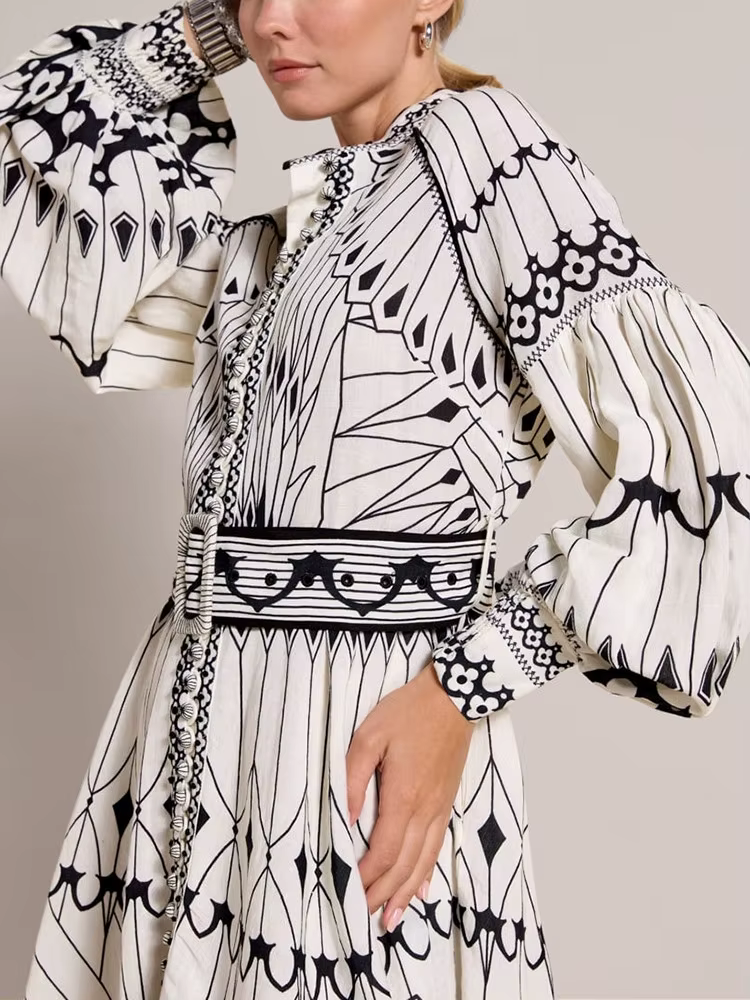 Casual Stand Collar Lantern Sleeve High Waist Patchwork Belt Printing Vintage Mini Dress - Image 2