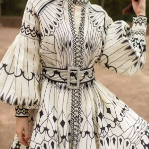 Casual Stand Collar Lantern Sleeve High Waist Patchwork Belt Printing Vintage Mini Dress