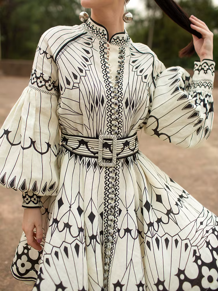 Casual Stand Collar Lantern Sleeve High Waist Patchwork Belt Printing Vintage Mini Dress