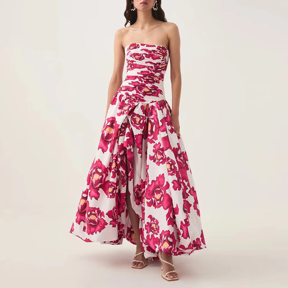 Casual Strapless Sleeveless Patchwork Ruffles Spliced Printing Maxi Dresses