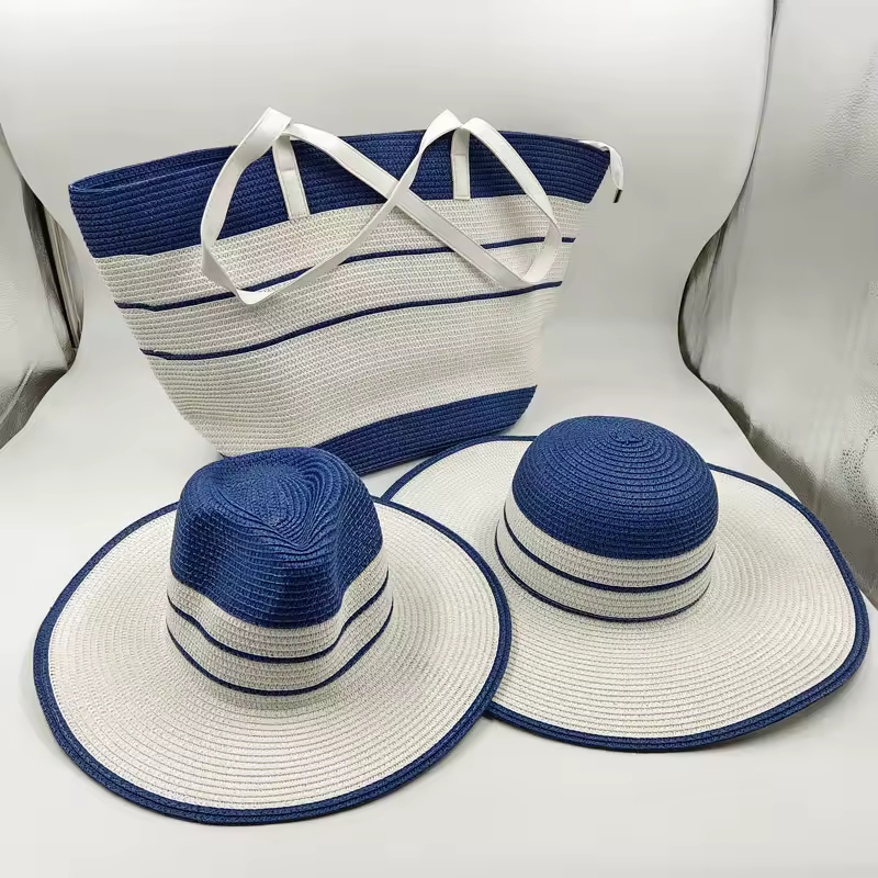 Casual Striped Travel Beach Outdoor Straw Hat Bag 3 PCS Set