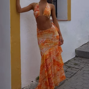 Casual Tie-Dye Print Bandag Halter Bra And Ruched Ruffles Long Skirts 2 Piece Set