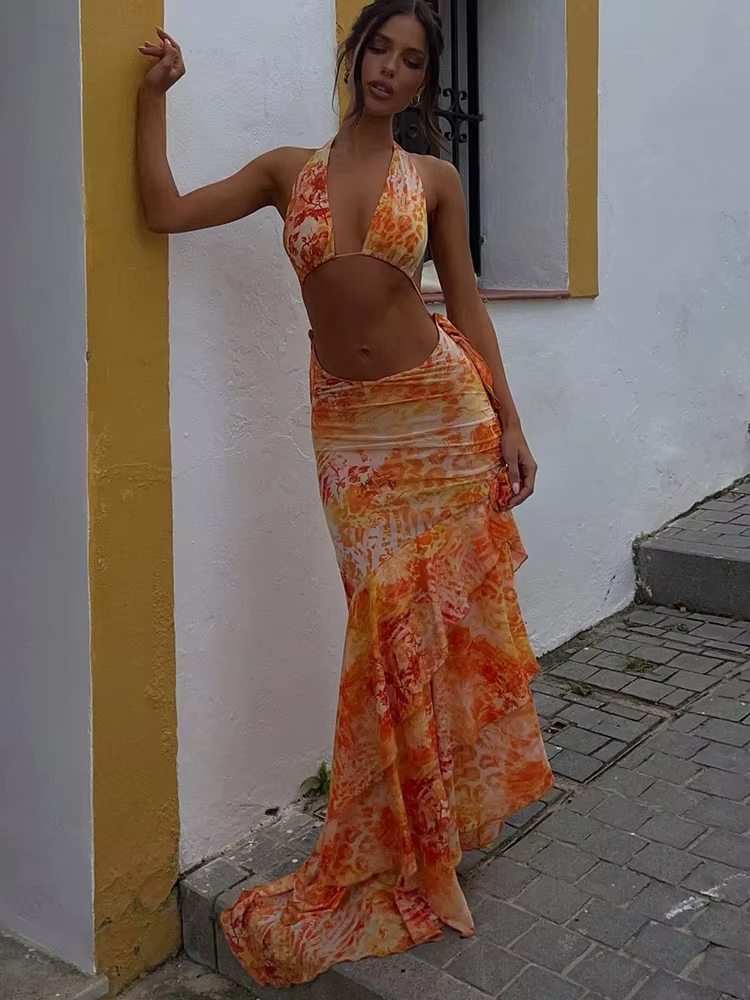 Casual Tie-Dye Print Bandag Halter Bra And Ruched Ruffles Long Skirts 2 Piece Set