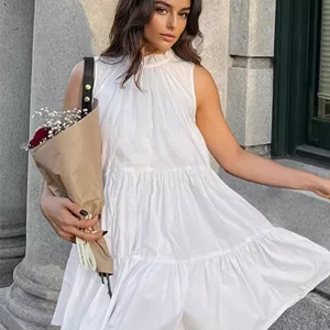 Casual Tiered Shift With Solid Color High Neck Sleeveless Mini Dress