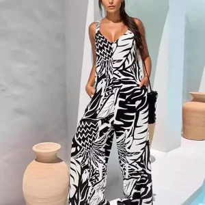 Casual Tropical Printed Sleeveless Wide Leg Jumpsuit