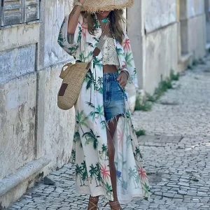 Casual Tropical Prints Cover-up With Belt Sleeves Long Three-quarter Dress