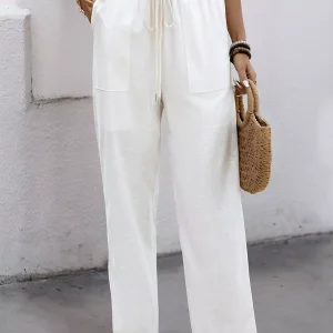 Casual Trousers With Drawstring Cotton Blend Waist Pants
