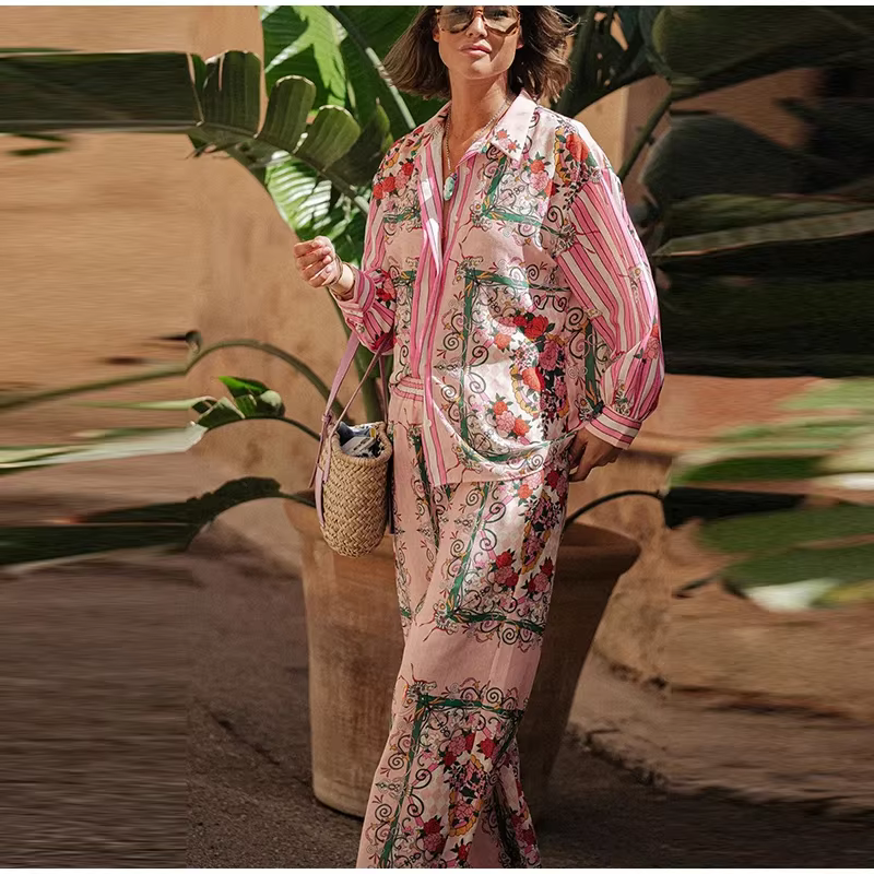 Casual Turn-down Collar Breasted Pocket Shirt Loose Pants - Image 3