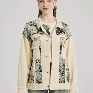 Casual Turndown Collar Two-Tone Floral Printed Denim Jacket