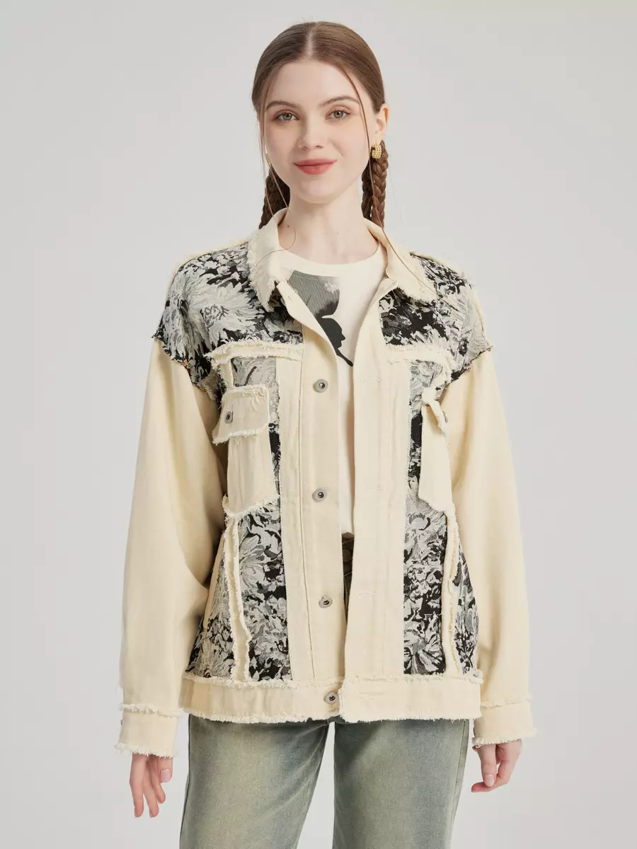 Casual Turndown Collar Two-Tone Floral Printed Denim Jacket