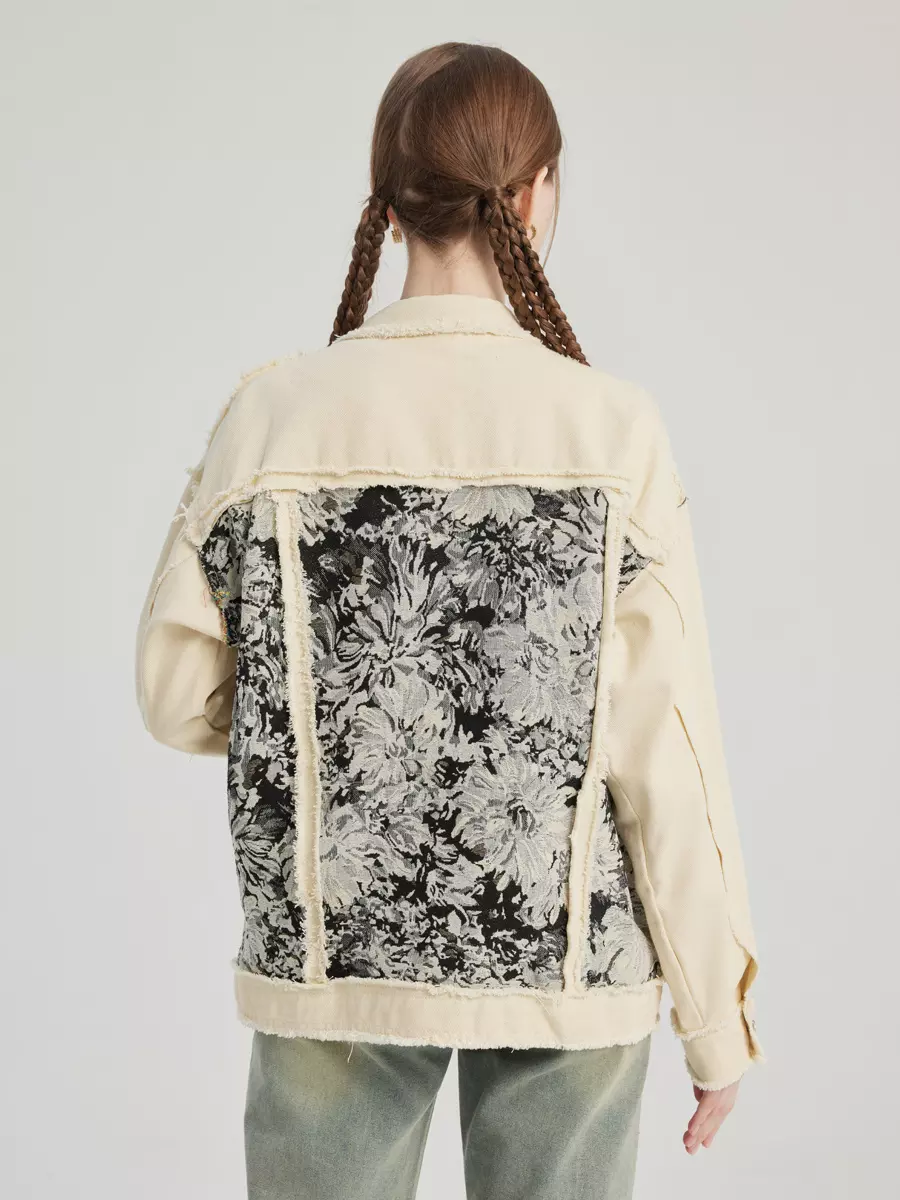 Casual Turndown Collar Two-Tone Floral Printed Denim Jacket - Image 5