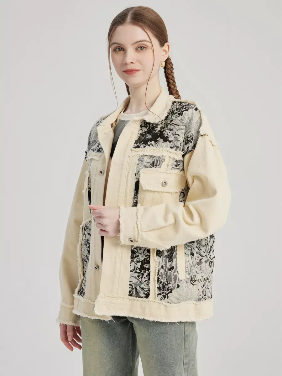 Casual Turndown Collar Two-Tone Floral Printed Denim Jacket - Image 2