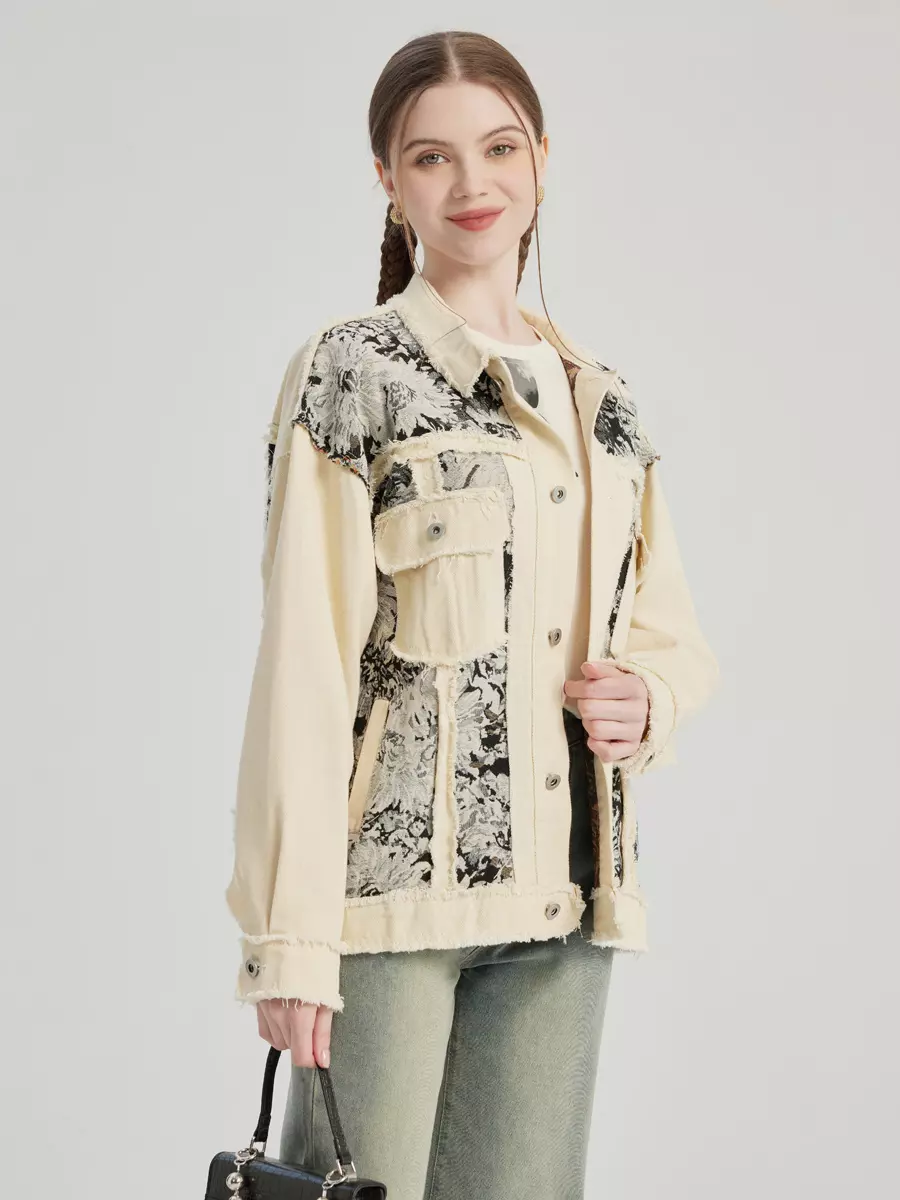 Casual Turndown Collar Two-Tone Floral Printed Denim Jacket - Image 3