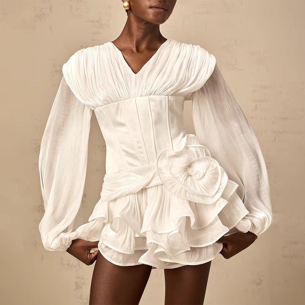 Casual V Neck Long Sleeves Patchwork Flower Solid Ruffle Folds Mini Dresses