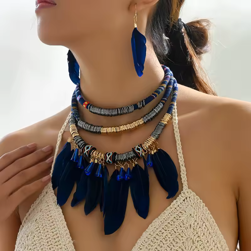 Casual Vintage Ethnic Feather Choker Necklace Earrings Set