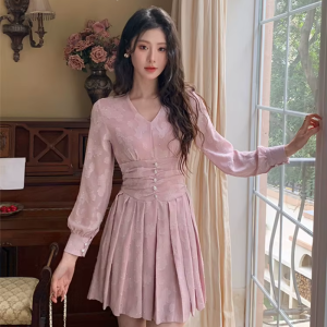 Casual Vintage Fashion Print V-Neck Slim Mini Short Pleated Dress