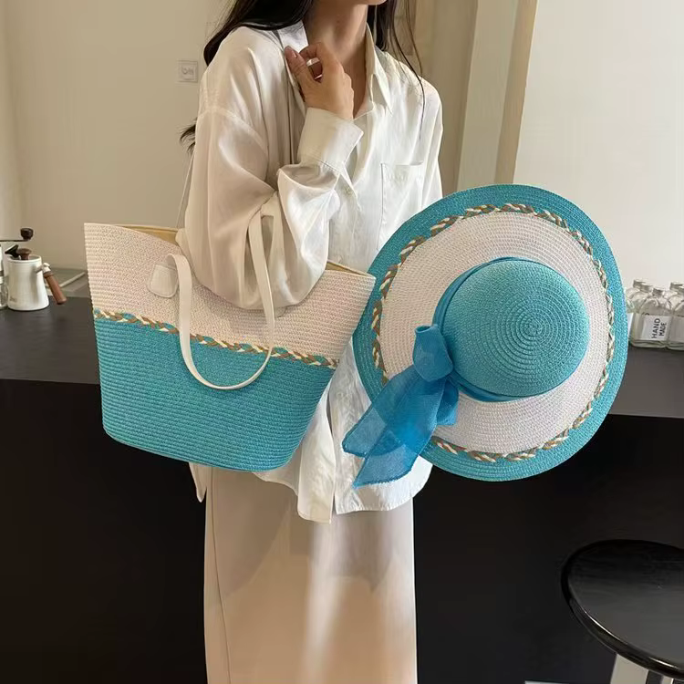 Casual Wide Brim Bow Straw Sun Straw Hat Fashionable Retro Tote Bag Tow-pieces Set