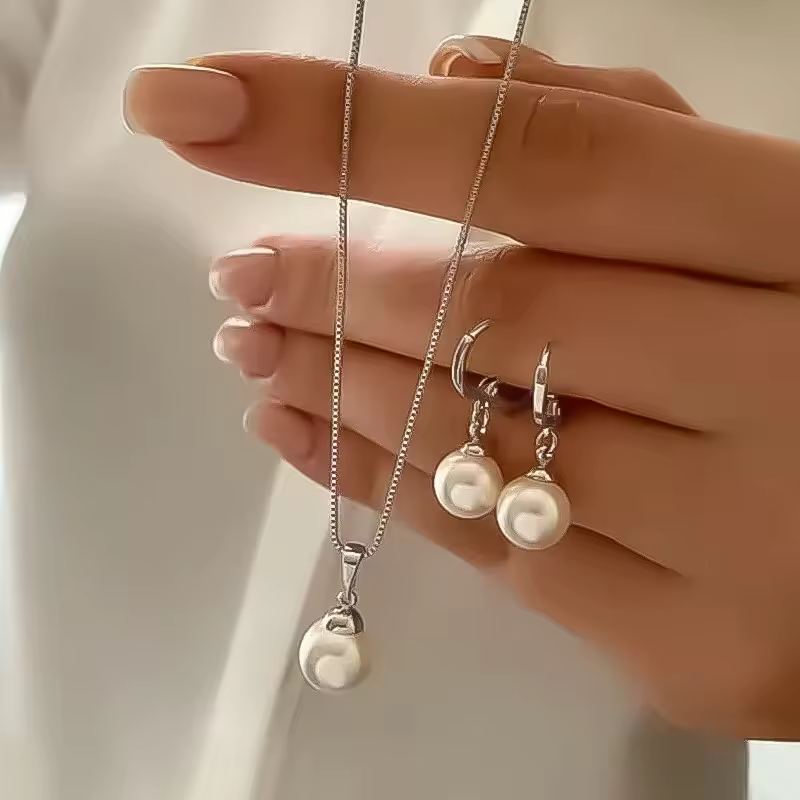 Casual Zinc Alloy Round Bead Line Imitation Earrings Pendant Necklace Sets