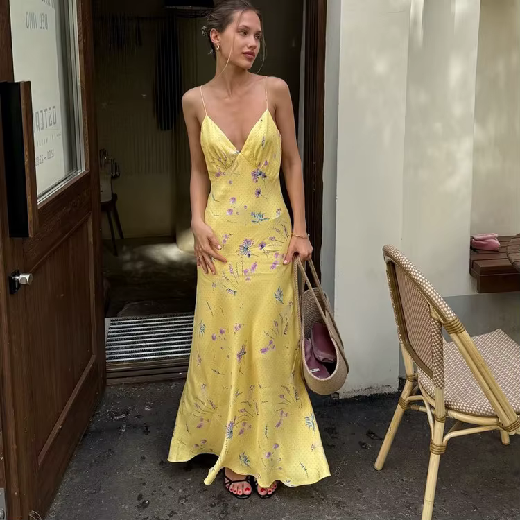 Casual sleeveless Print V-Neck Floral Spaghetti Strap Maxi Dress