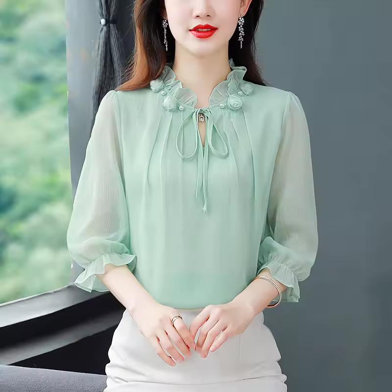 Chiffon Blouse Petal Collar Half Sleeve Bow tie Loose Casual Shirt
