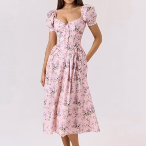 Classic Aesthetic Print  Puff Short Sleeve Square Neck A-line Draped Maxi Dress