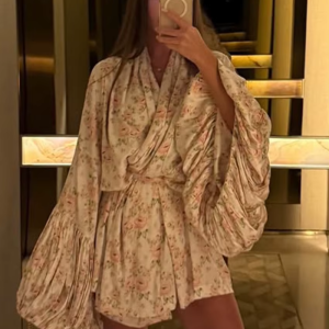 Classic Fashion Loose Print Casual V-Neck Long Sleeve Elegant Pleated Mini Dresses