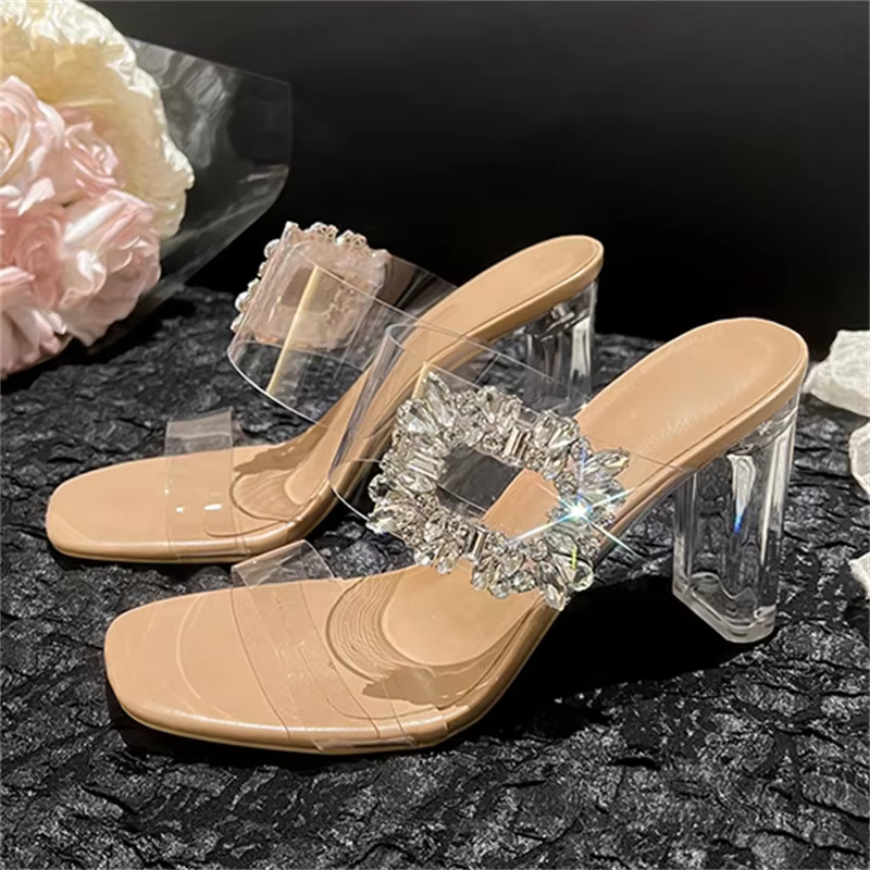 Crystal Buckle PVC Transparent Square Toe Clear Heels Party Slides Shoes - Image 6