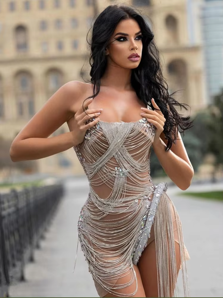 Crystal Diamonds Strapless Birthday Party Bar Nightclub Stage Performance Mini Dress - Image 3