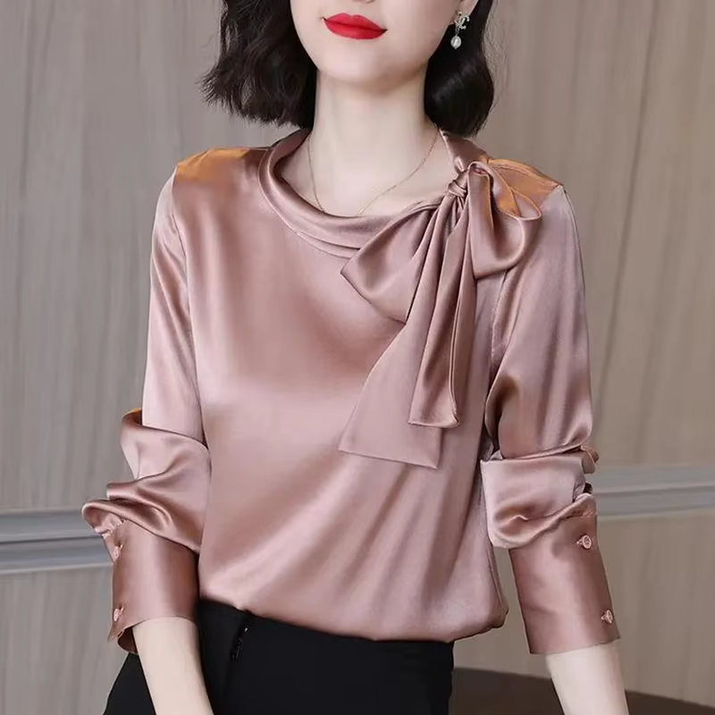 Elegant Bow Shirt Long Sleeve All-match Office Lady Satin Solid Blouse
