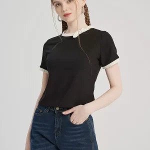 Elegant Bow Tie Short Sleeve Contrast Short Sleeve T-shirt