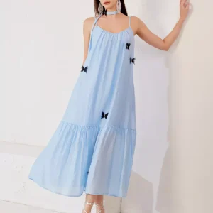 Elegant Butterfly Detail Slip Pleated Sleeveless Long Dress