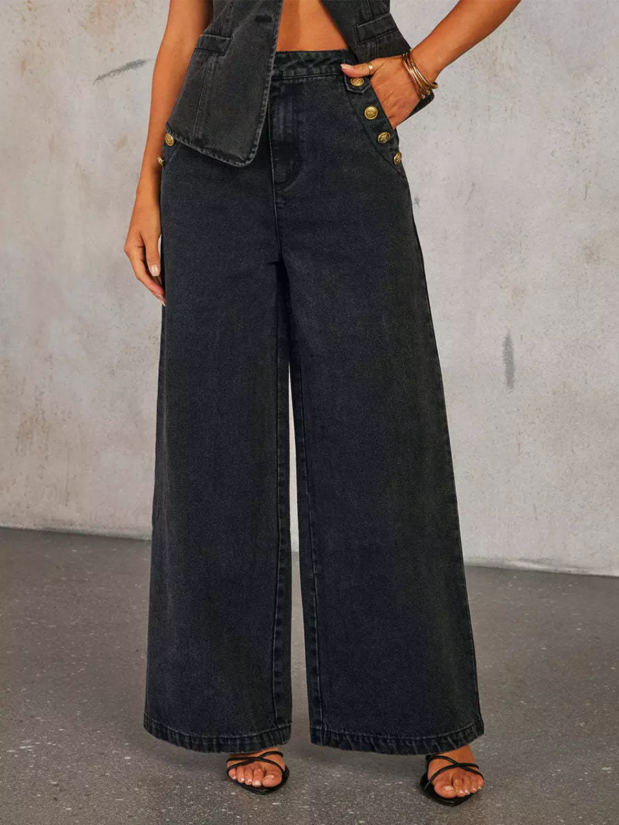 Elegant Button-up Vest And Straight Jeans Denim Two-Piece Set - Image 10