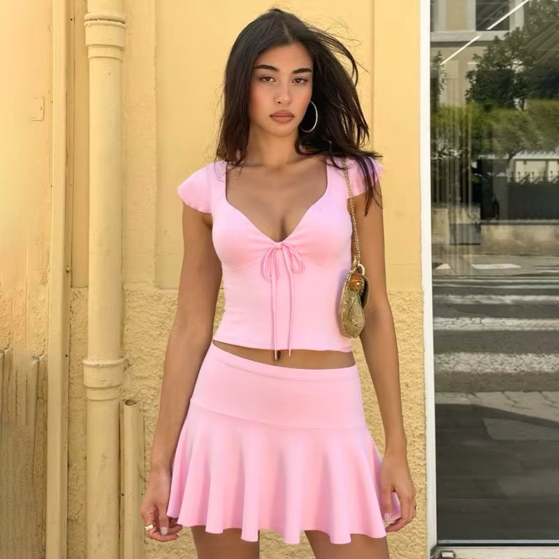 Elegant Casual V-Neck Short Sleeve Neckless Top Two Piece Sets