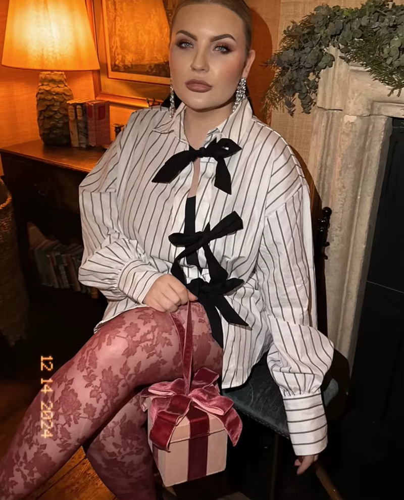 Elegant Classic Fashion Loose Stripe Lace-Up Casual Lapel Long Sleeve Shirts Top - Image 4