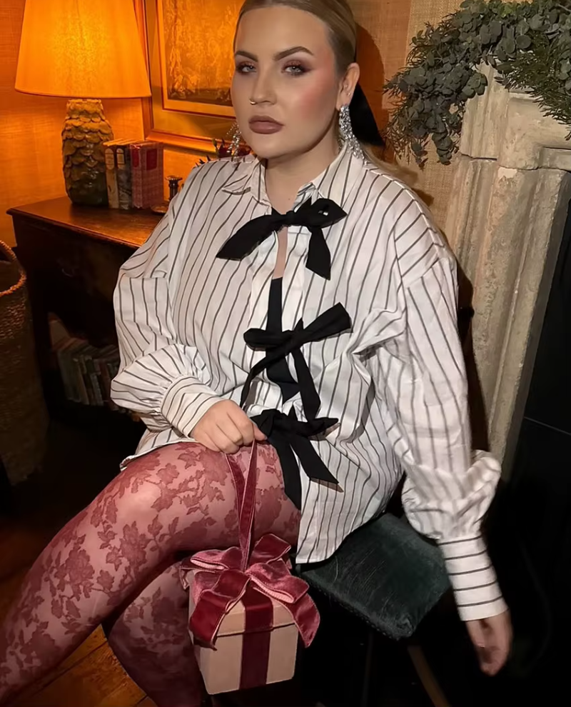 Elegant Classic Fashion Loose Stripe Lace-Up Casual Lapel Long Sleeve Shirts Top - Image 3