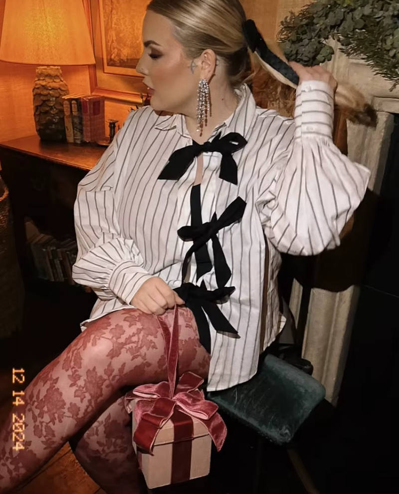 Elegant Classic Fashion Loose Stripe Lace-Up Casual Lapel Long Sleeve Shirts Top - Image 2